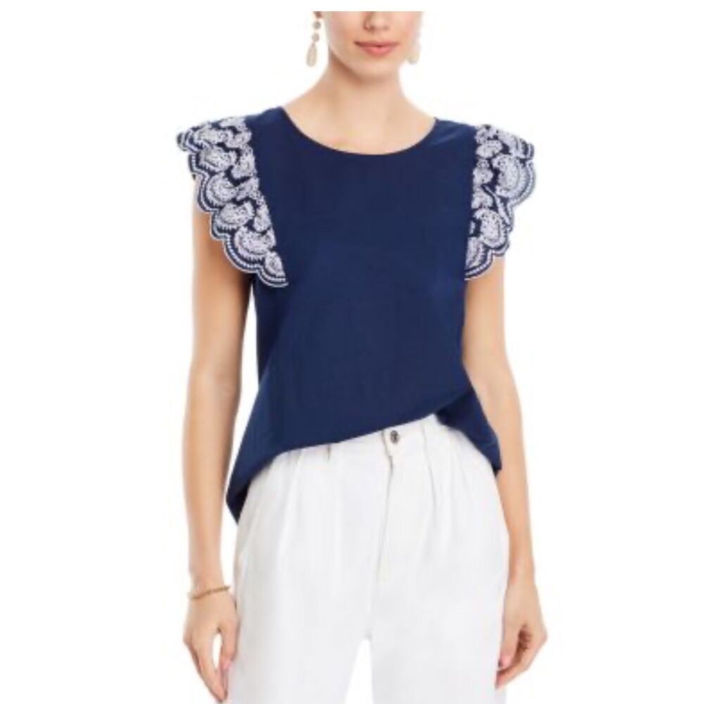 ANTHROPOLOGIE Navy Eyelet Top